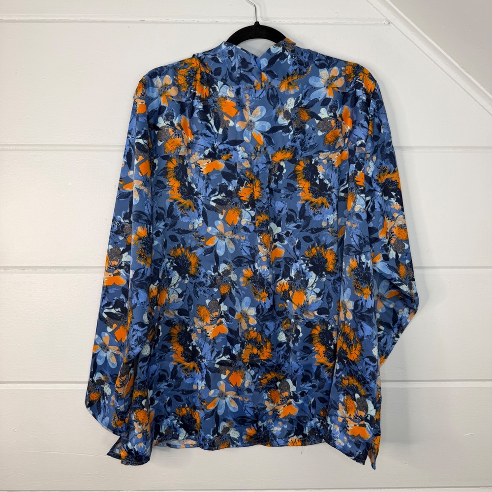 Denim & Co. Adaptive Floral Printed Blouse Neck Tie Detail 2X NEW Blue Orange - Picture 12 of 12